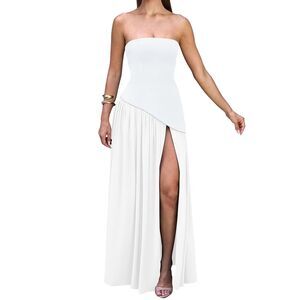Elegant Strapless High Split A Line Flowy Maxi Dress, SZ L, 4F-147D014